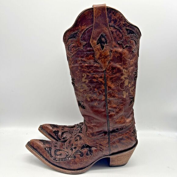Corral Vintage Cowboy Boots Womens 6.5 Brown Sequin Inlay Embroidered  Western - Picture 1 of 8
